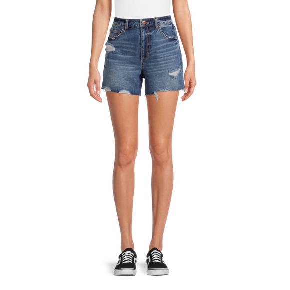 sz:5 - No Boundaries High Rise Destructed Dark Wash Midi Shorts - Picture 5 of 8